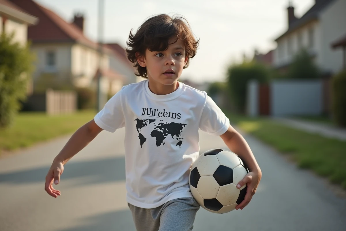Jeune adolescent brun jouant au football dans une rue résidentielle française, style documentaire illustrant la vie quotidienne d'Aaron Nucci fils aîné de Jenifer