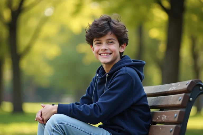 Jeune adolescent aux cheveux bruns ondulés souriant dans un parc, portrait éditorial naturel illustrant un article sur Aaron Nucci fils de Jenifer