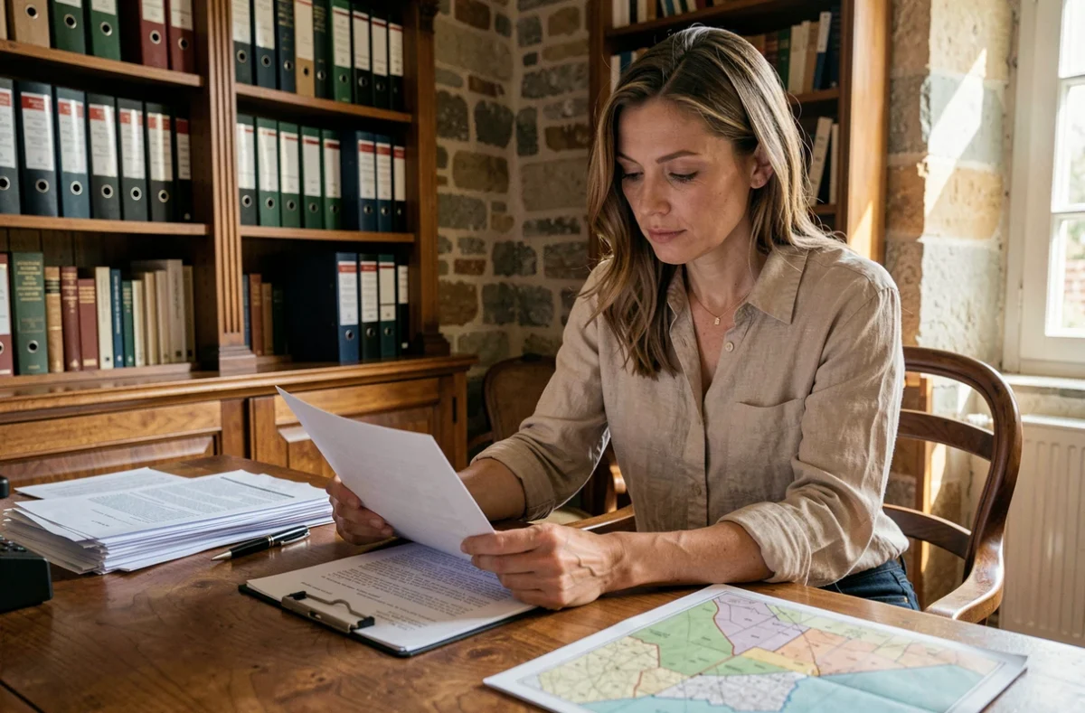 Femme consultant un contrat d'achat de terrain chez un notaire dans une ville de province française
