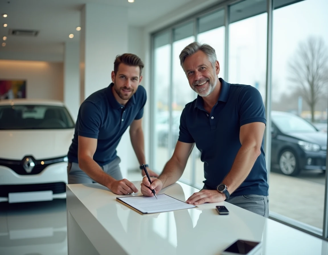 Homme signant un contrat d'achat de voiture dans une concession automobile française moderne