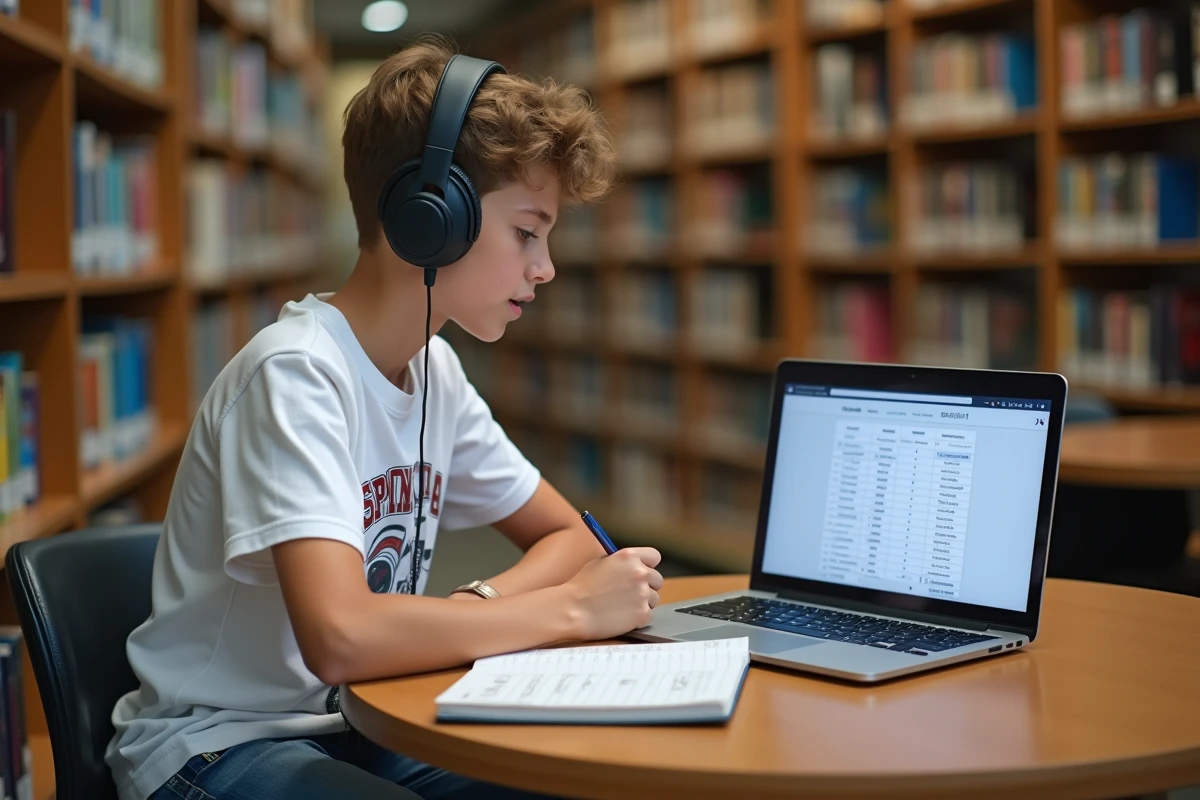 Adolescent écoutant des chansons en espagnol avec un casque pour apprendre le futur dans une bibliothèque