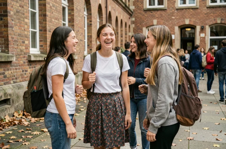Adolescente en jupe midi fleurie riant avec ses amies dans une cour d'école, symbolisant l'expression vestimentaire et l'identité chez les jeunes filles