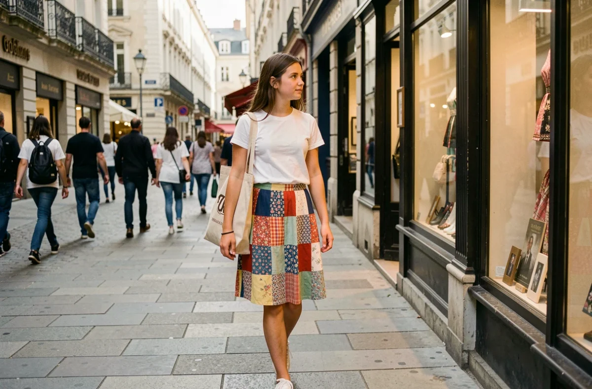 Adolescente en jupe patchwork colorée se promenant dans une rue animée, représentant l'expression vestimentaire et les perceptions culturelles de la jupe chez les jeunes