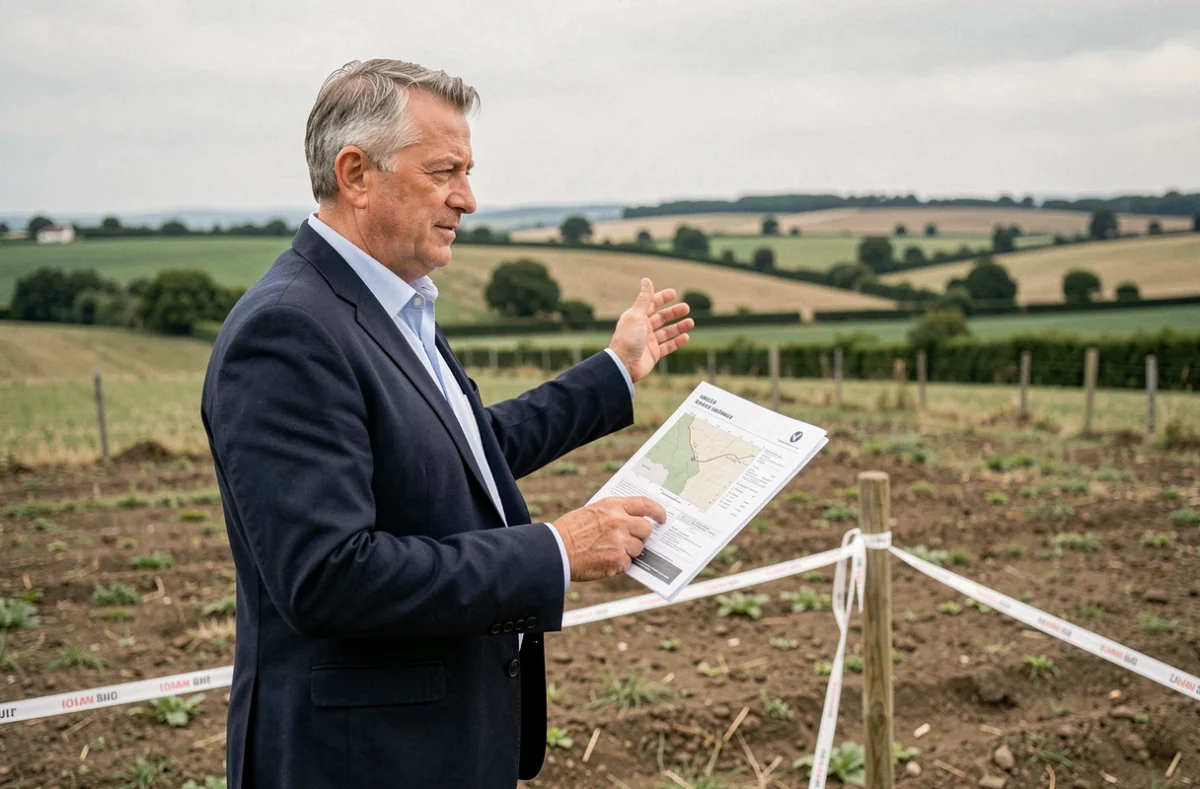 Agent immobilier tenant une estimation de terrain en France, debout sur une parcelle agricole en zone rurale
