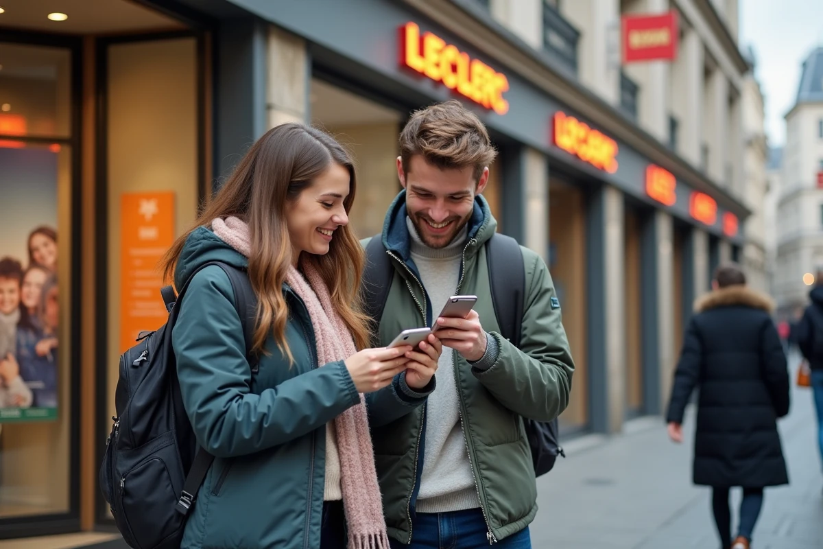 Amis vérifiant leur réservation devant une agence de voyage