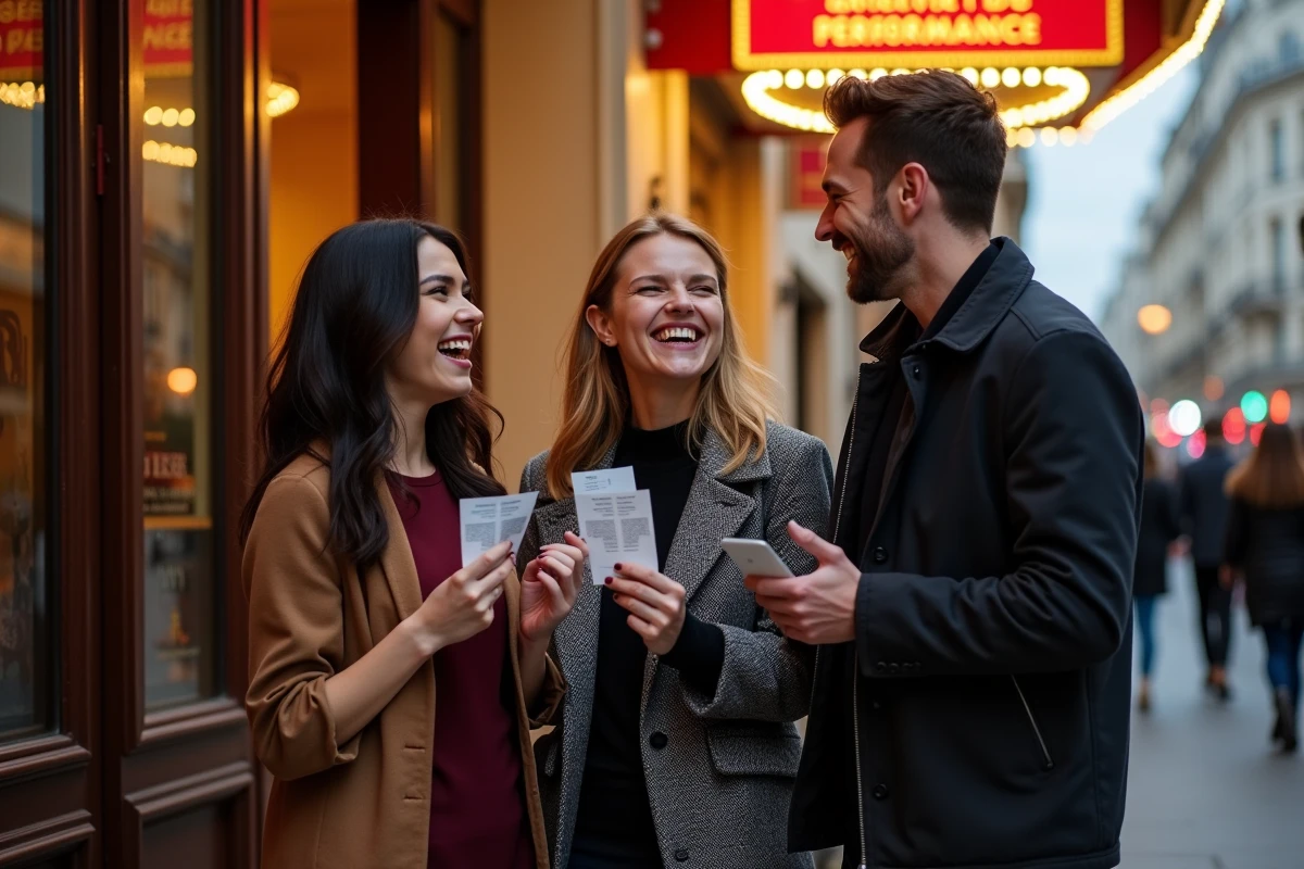 Groupe d'amis souriants devant l'entrée d'un théâtre parisien après une sortie culturelle