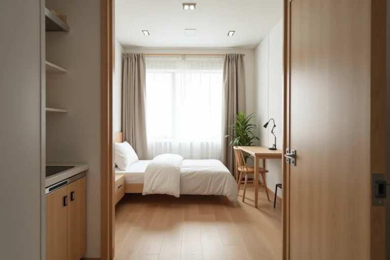Intérieur d'un appartement F1 studio compact avec kitchenette intégrée, lit et bureau, idéal pour illustrer la définition d'un logement de type F1