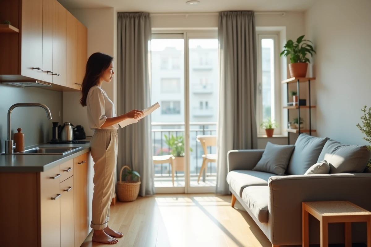 Femme dans un appartement F2 avec séjour et cuisine séparés, illustrant la configuration typique d'un logement deux pièces