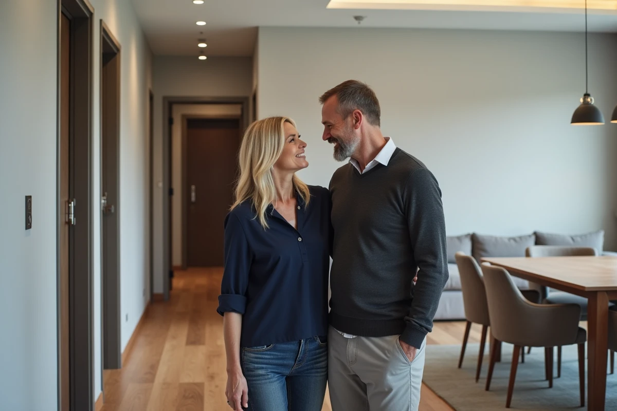 Couple dans un appartement F3 trois pièces avec couloir, séjour et accès aux chambres, illustrant les différences entre F1 F2 et F3