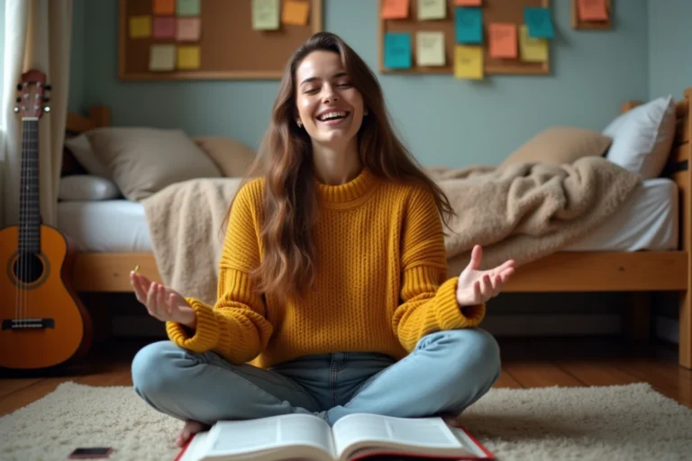 Jeune femme apprenant l'espagnol en chantant avec un manuel ouvert sur les temps du futur