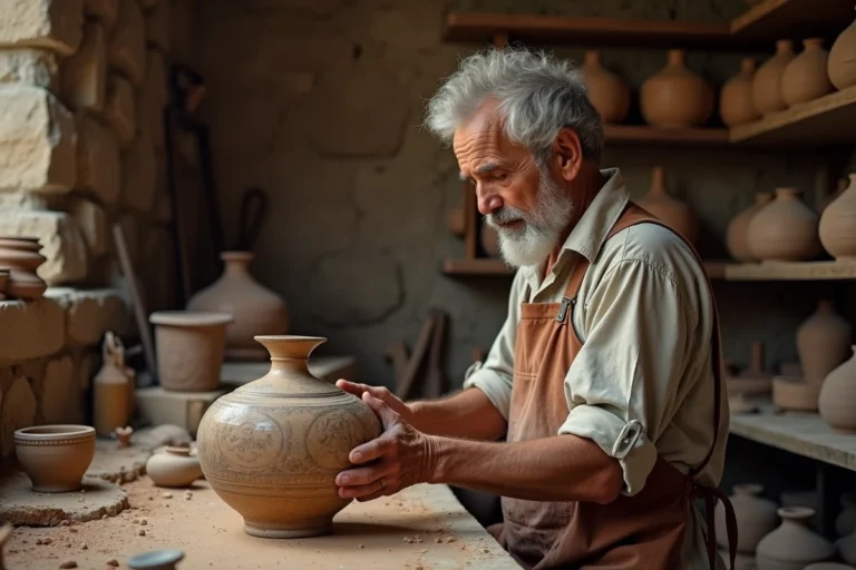 Artisan âgé examinant une poterie ancienne dans un atelier traditionnel, évoquant l'histoire des plus vieilles marques du monde