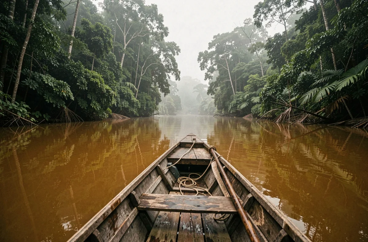 Barque en bois naviguant sur un fleuve tropical calme entouré d'une forêt dense aux reflets dans l'eau