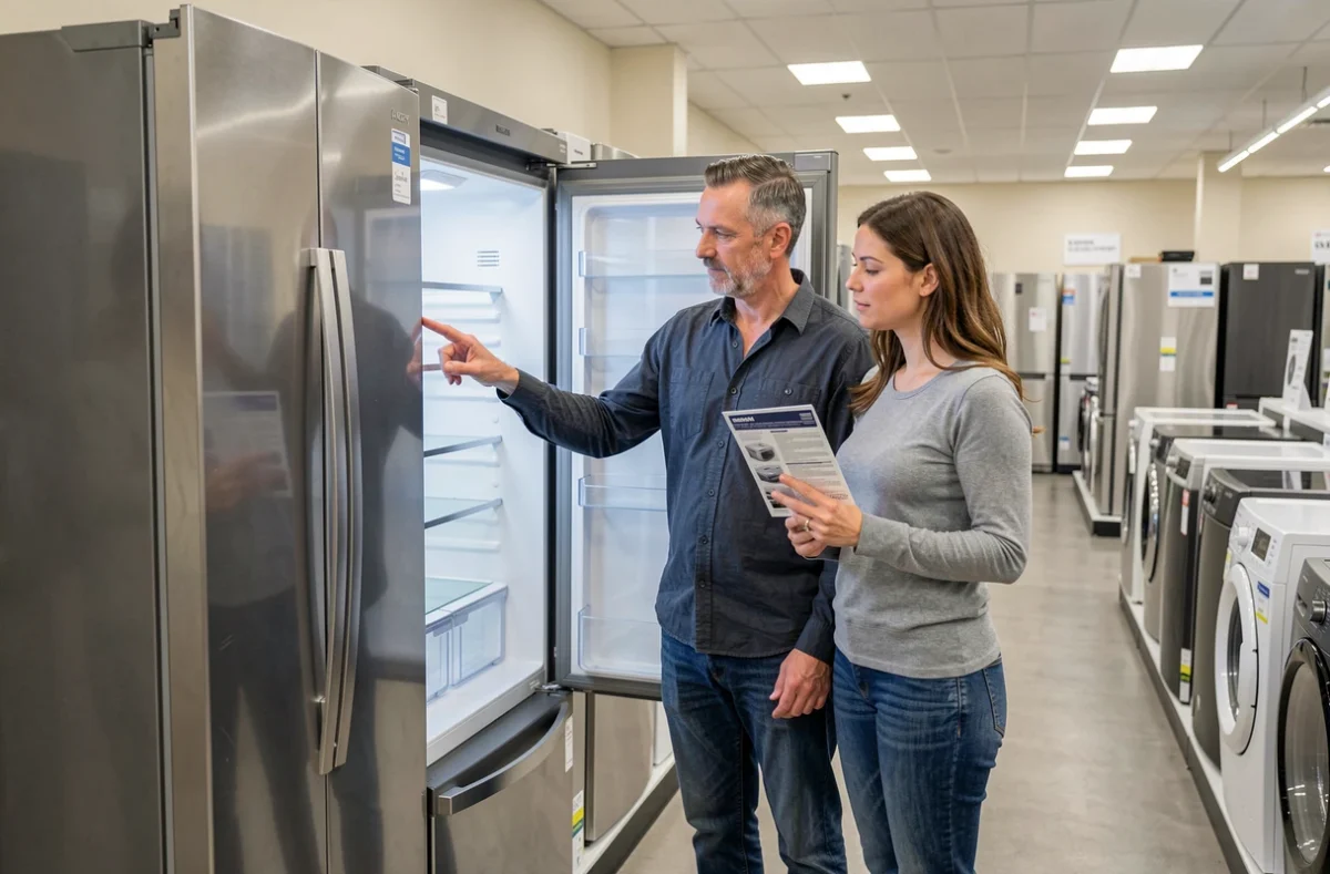 Couple choisissant un réfrigérateur en magasin d'électroménager, examinant les caractéristiques d'un modèle en acier inoxydable
