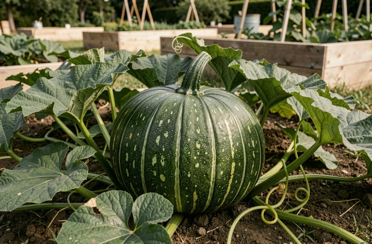 Citrouille verte encore sur pied dans un potager avec feuilles et tiges visibles