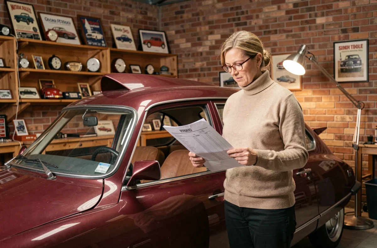 Une collectionneuse examine le dossier d'une Citroën DS 21 Pallas bordeaux restaurée dans un garage privé