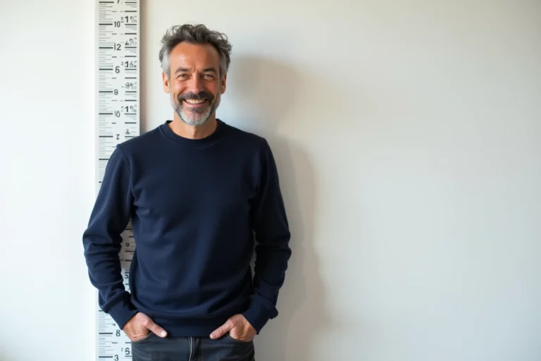 Comedien francais debout face a un mur blanc en studio