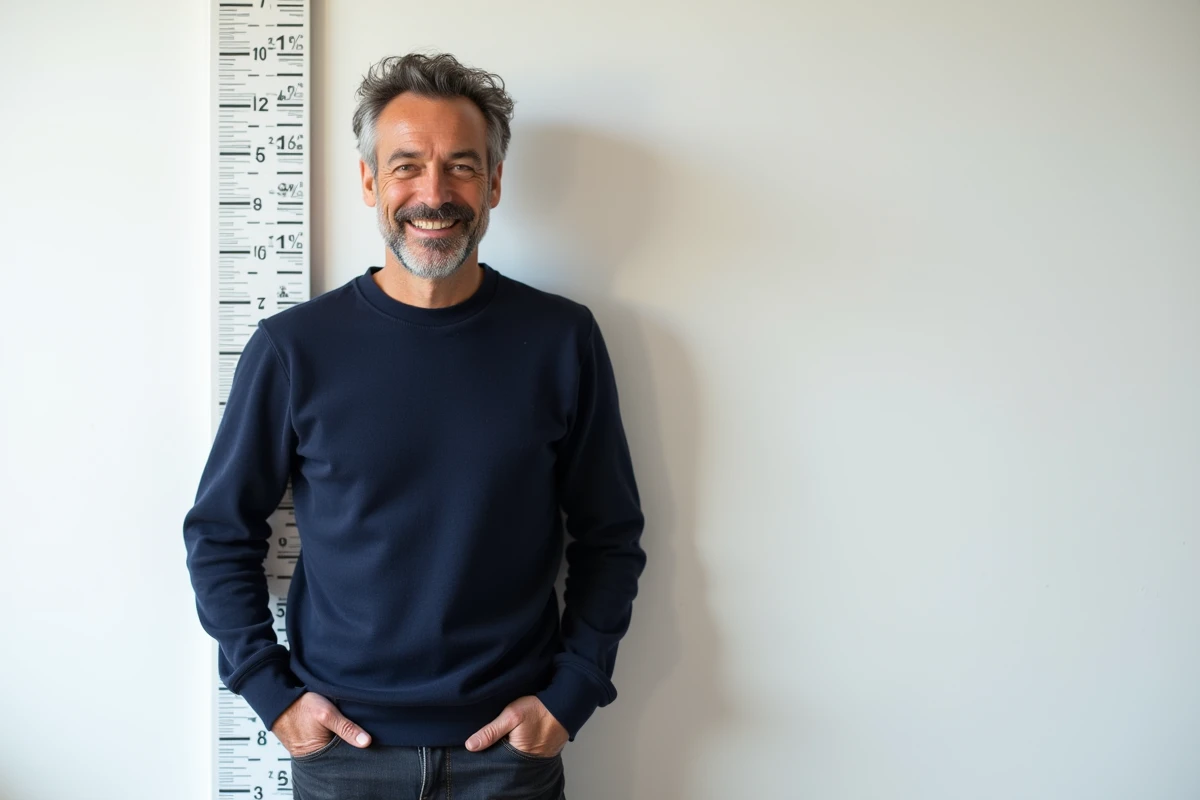 Comedien francais debout face a un mur blanc en studio