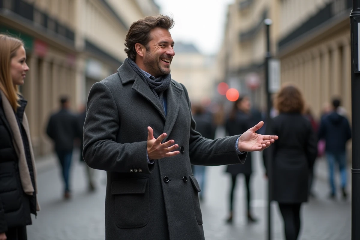 Comedien francais riant dans une rue parisienne en plein air