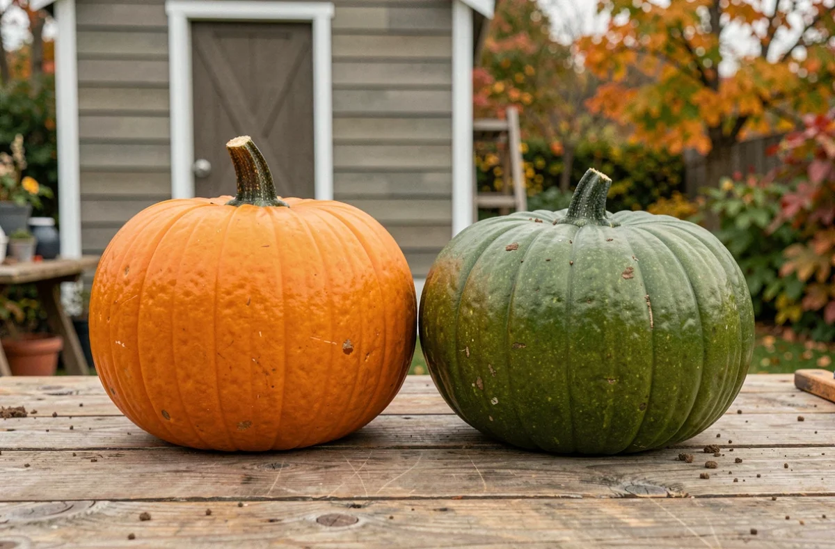 Comparaison entre une citrouille orange mûre et une citrouille verte immature sur une table en bois