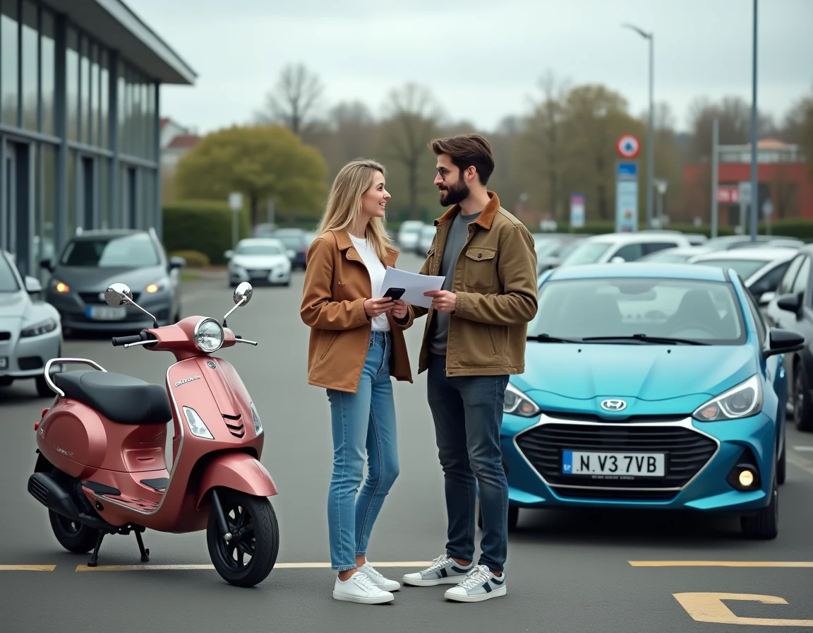 Couple comparant des options de location de scooter et de voiture dans un parking urbain français