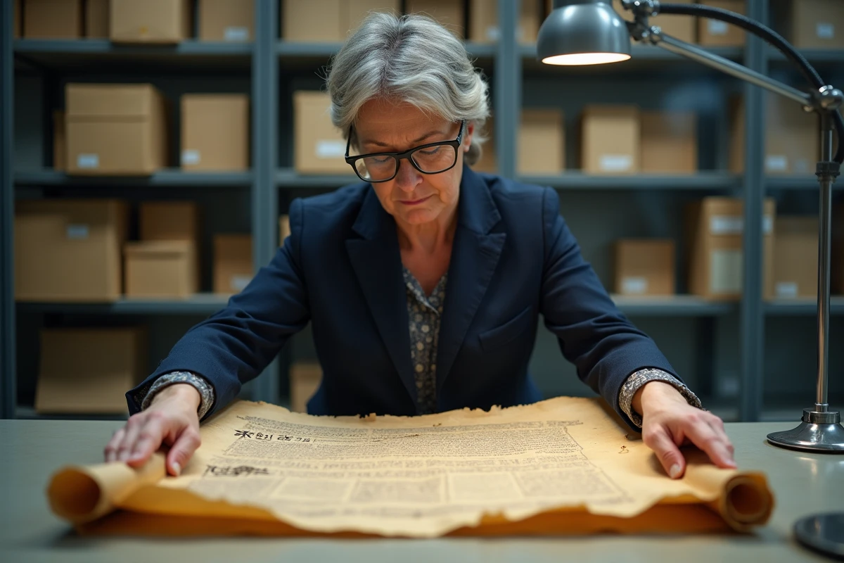 Conservatrice de musée dépliant un document historique ancien dans une salle d'archives, illustrant la recherche sur les origines des marques commerciales les plus anciennes