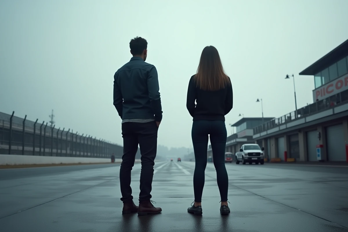 Deux silhouettes séparées dans un paddock de circuit automobile, distance émotionnelle symbolisée par l'espace entre elles, atmosphère grise et introspective