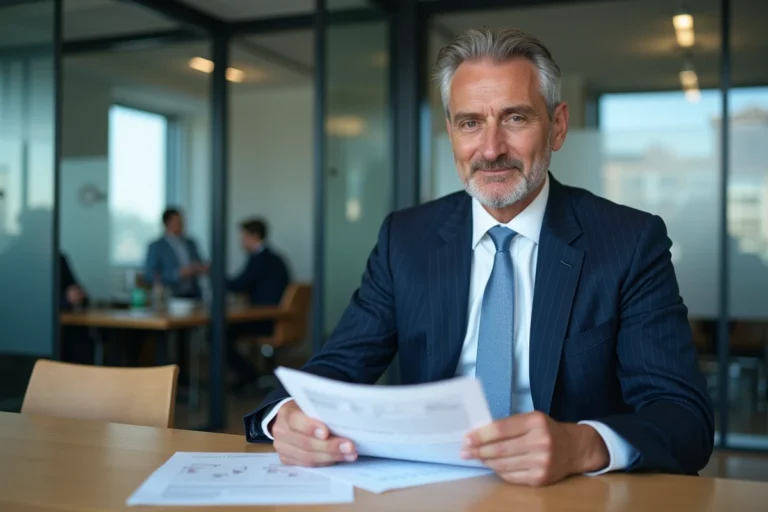 Directeur d'agence bancaire en costume marine assis à son bureau consultant des documents financiers