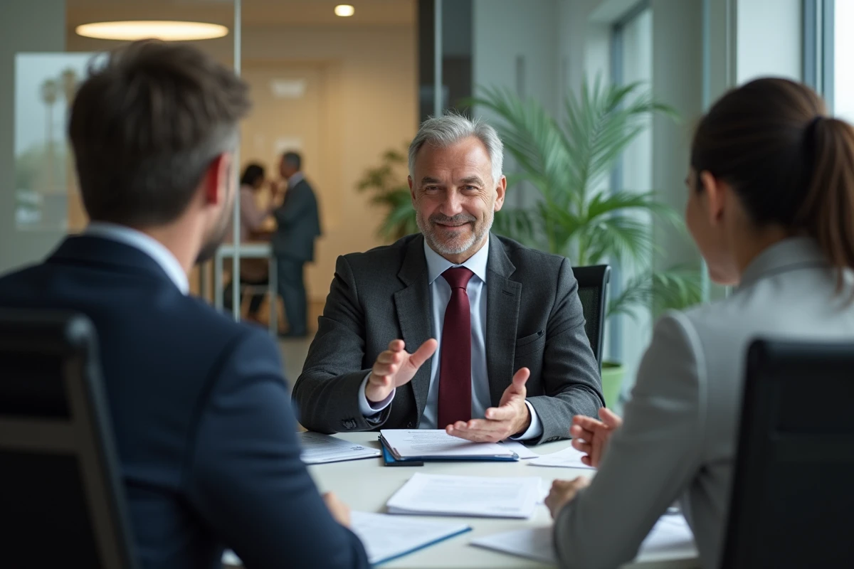 Directeur de banque senior en réunion avec des clients autour d'une table de conférence en agence