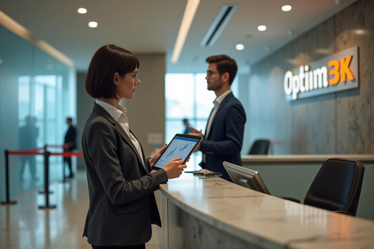 Directrice d'agence bancaire discutant avec un collègue dans le hall d'une banque moderne