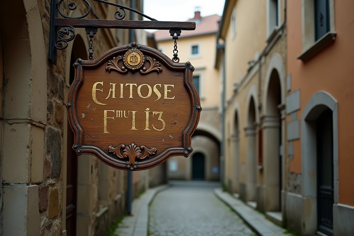 Ancienne enseigne commerciale en bois dorée suspendue dans une ruelle pavée européenne, symbole de la longévité des marques historiques