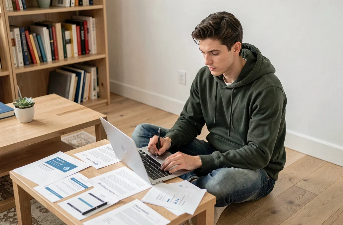 Jeune entrepreneur comparant des offres de prestataires web à domicile avec des documents imprimés et un ordinateur portable