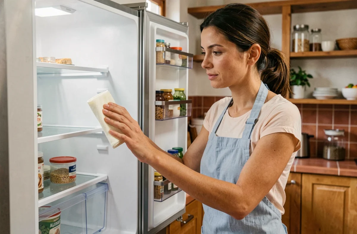 Femme entretenant et nettoyant l'intérieur de son réfrigérateur avec un chiffon humide dans une cuisine chaleureuse