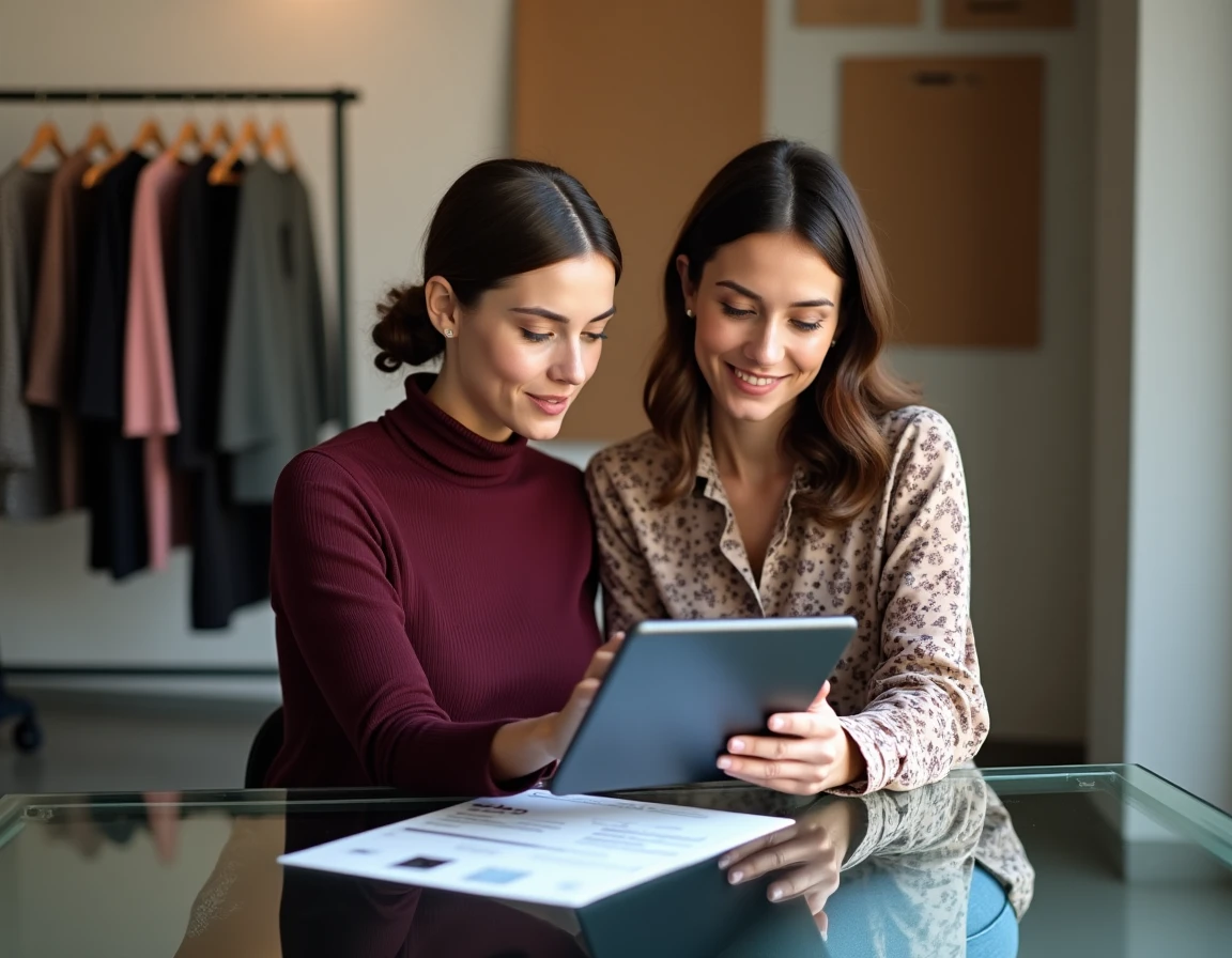 Deux femmes explorant la navigation et le plan du site DLG Fashion sur une tablette dans un studio de mode professionnel