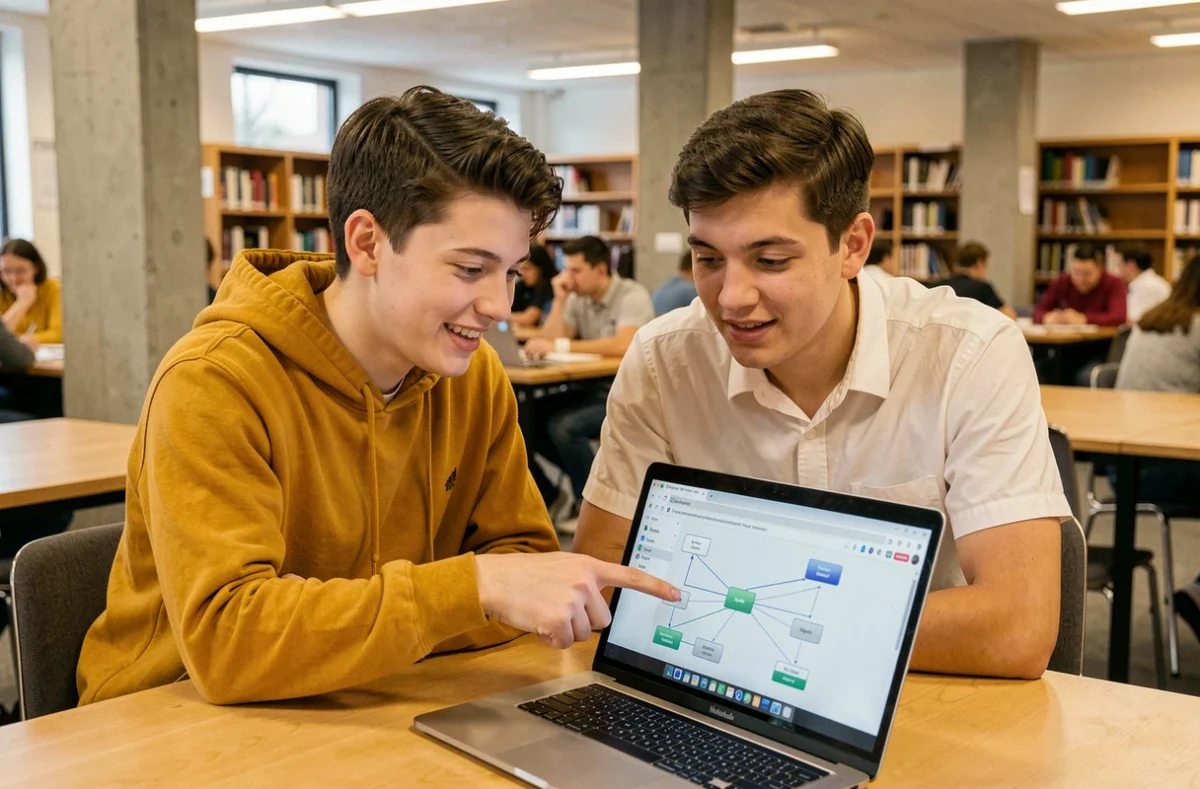 Deux étudiants collaborant sur un ordinateur portable dans une bibliothèque universitaire pour comprendre le fonctionnement d'Internet et du routage des données