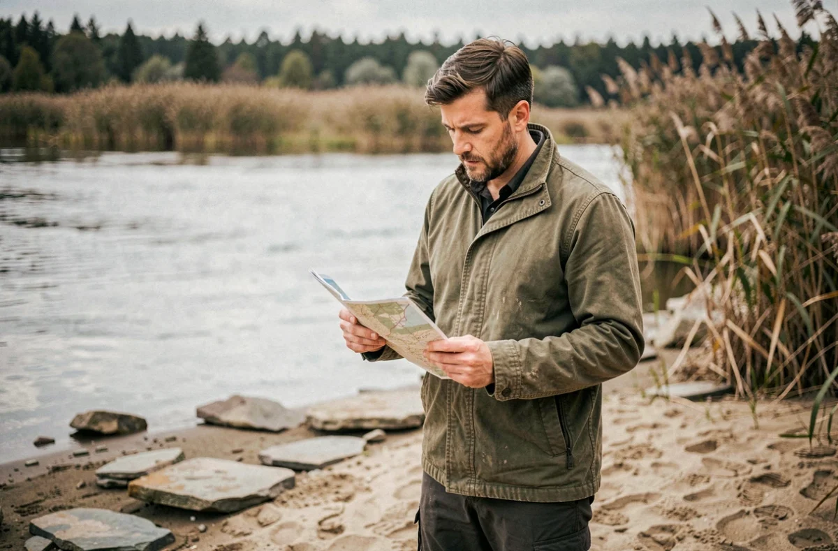 Voyageur masculin consultant une carte au bord d'un fleuve lors d'une exploration de cours d'eau naturels