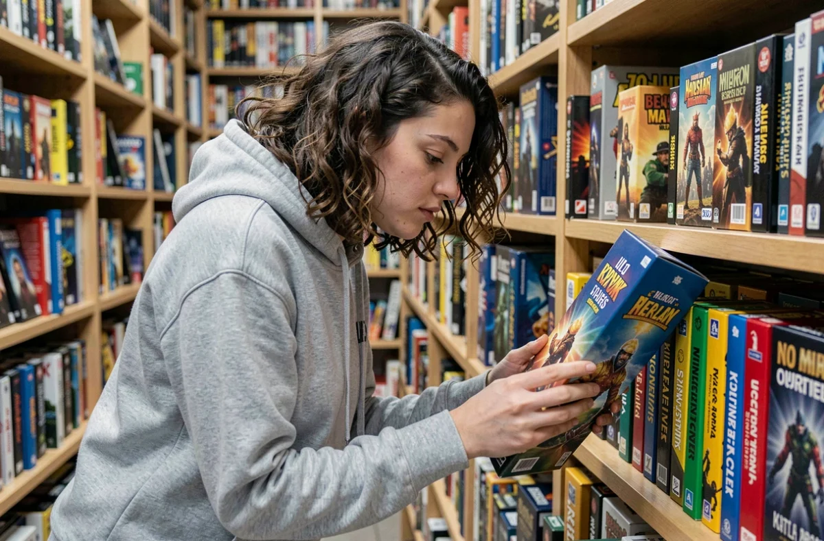 Jeune femme explorant les rayons d'une boutique spécialisée en jeux de société