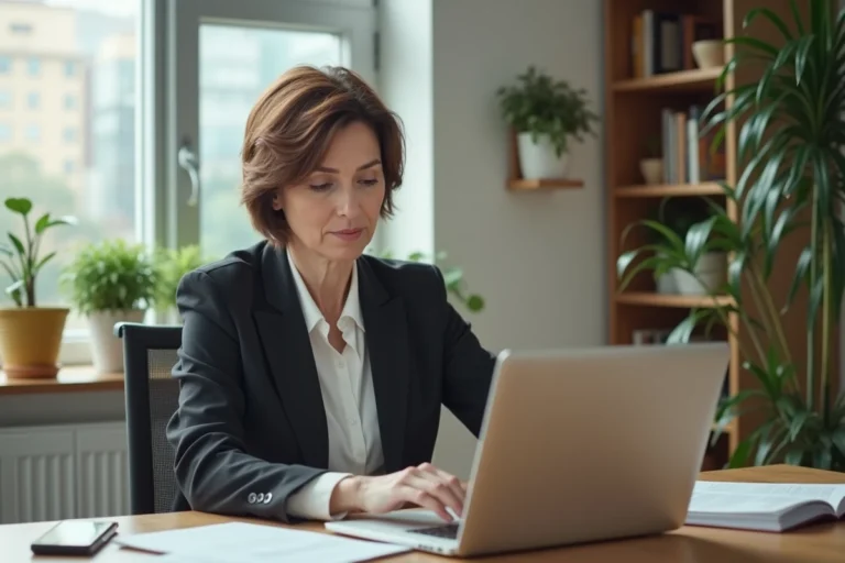 Femme d'âge moyen au bureau vérifiant des documents