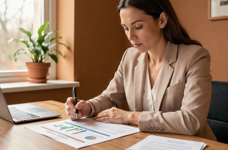 Femme comparant des offres d'assurance auto sur des documents imprimés dans un bureau à domicile