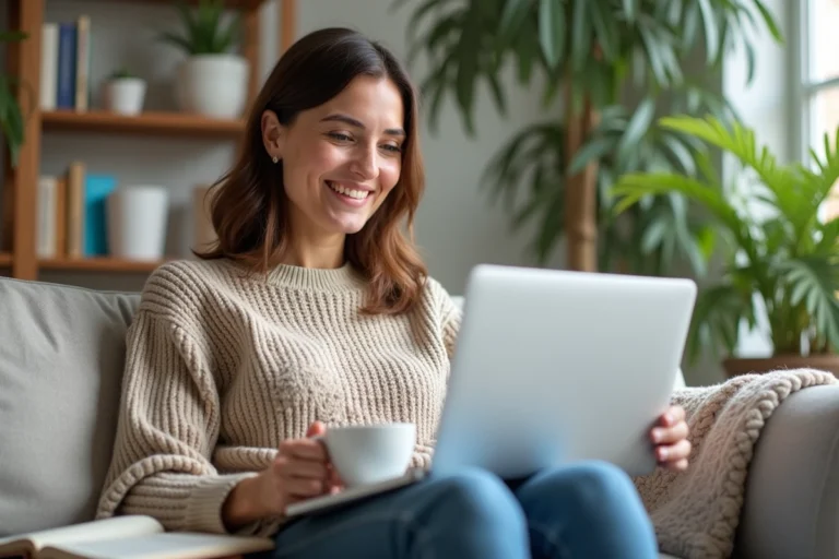 Femme assise avec ordinateur dans un salon cosy