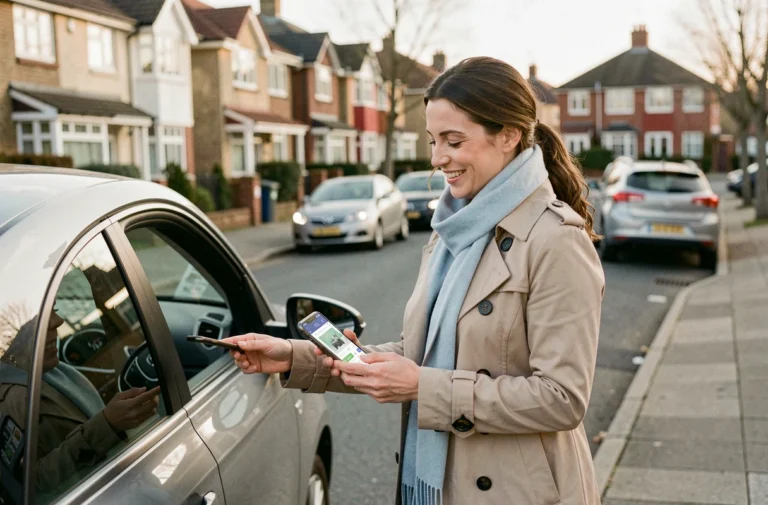 Femme souriante utilisant l'application de covoiturage Karos avant de monter dans une voiture dans un quartier résidentiel