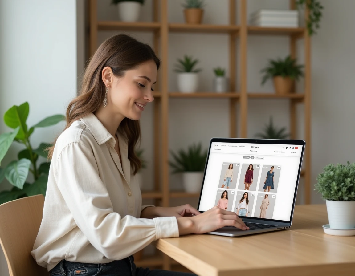 Femme naviguant sur le plan du site DLG Fashion depuis un ordinateur portable dans un bureau à domicile minimaliste