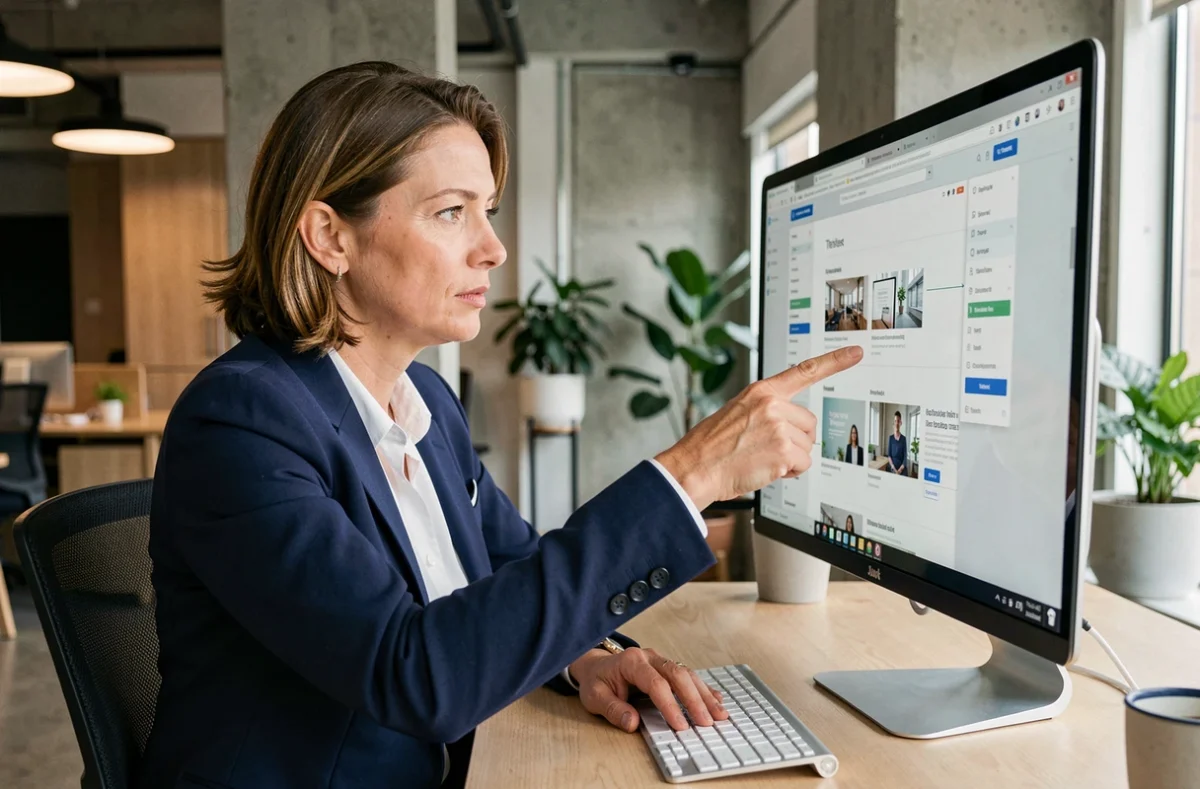 Femme professionnelle analysant des maquettes de site web sur un écran dans un bureau moderne pour choisir un prestataire web
