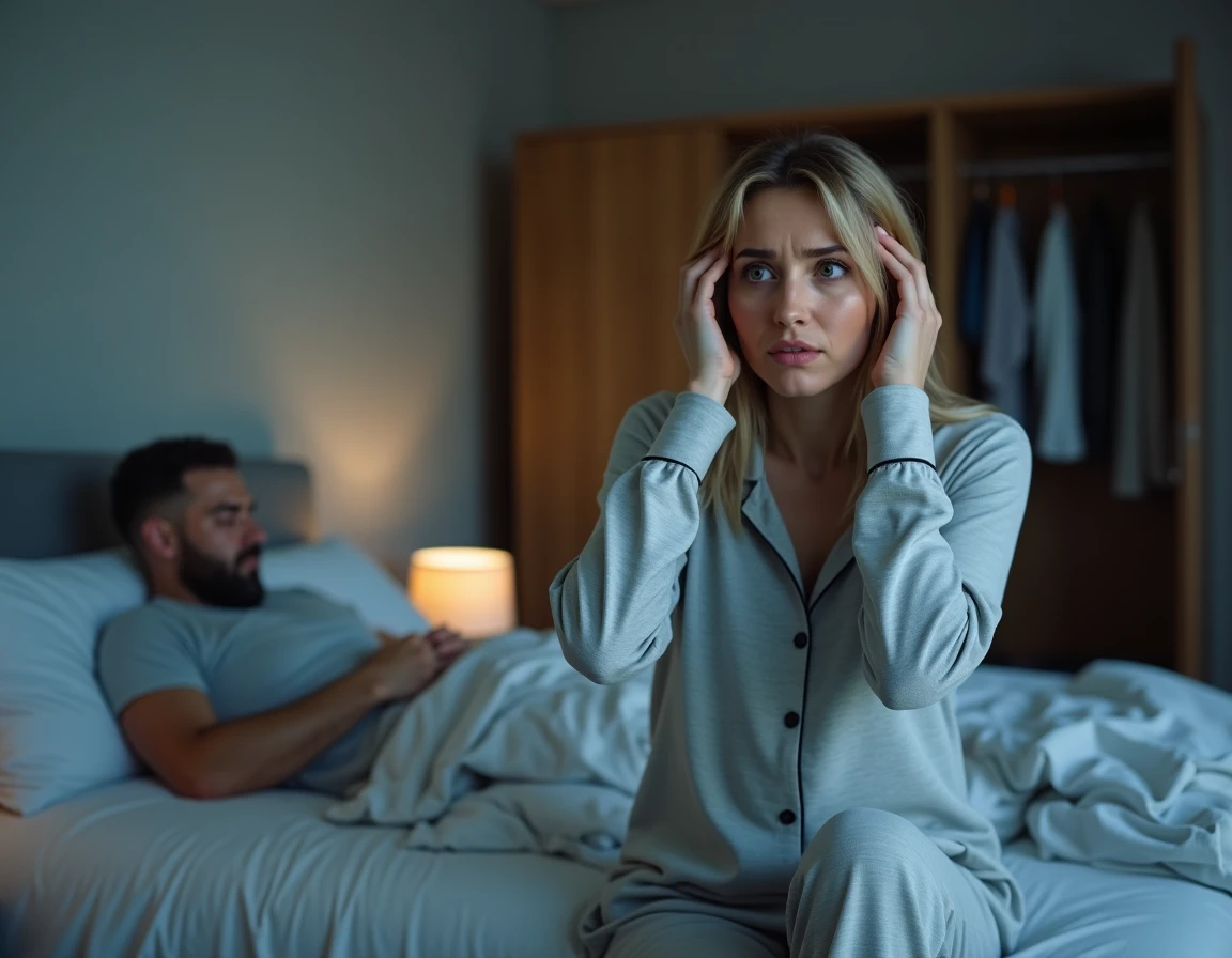 Femme fatiguée réveillée par le ronflement de son partenaire dans la chambre conjugale