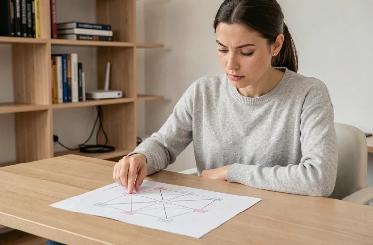 Femme étudiant un schéma de réseau informatique dans un bureau à domicile moderne, illustrant les bases du fonctionnement d'Internet