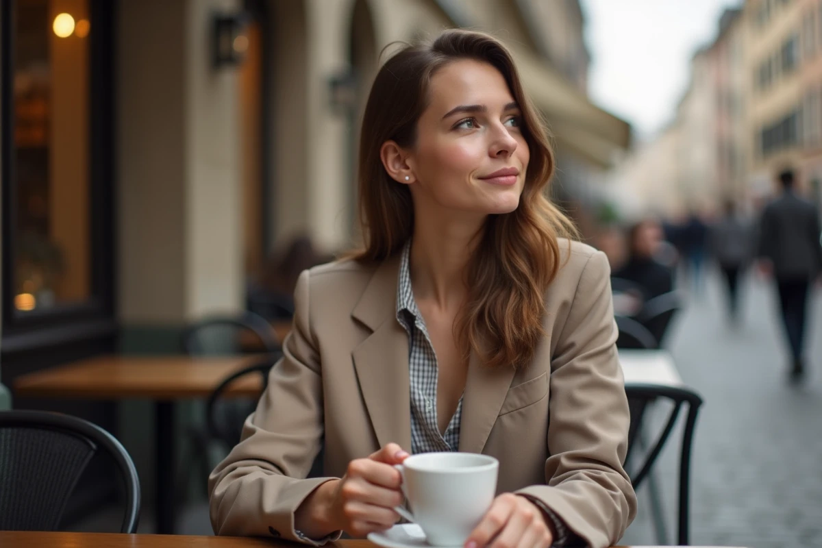 Jeune femme européenne assise seule en terrasse de café, expression méditative, ambiance automnale urbaine et mélancolique