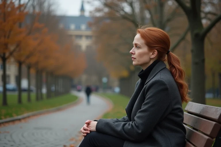 Femme songeuse assise seule sur un banc de parc en automne, évoquant la solitude après une rupture amoureuse discrète