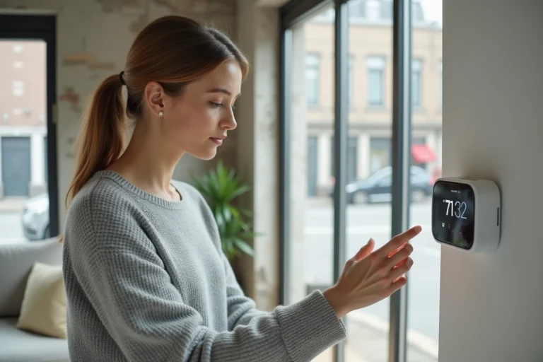 Femme ajustant un thermostat intelligent dans un salon moderne bien isolé pour optimiser la consommation énergétique du logement