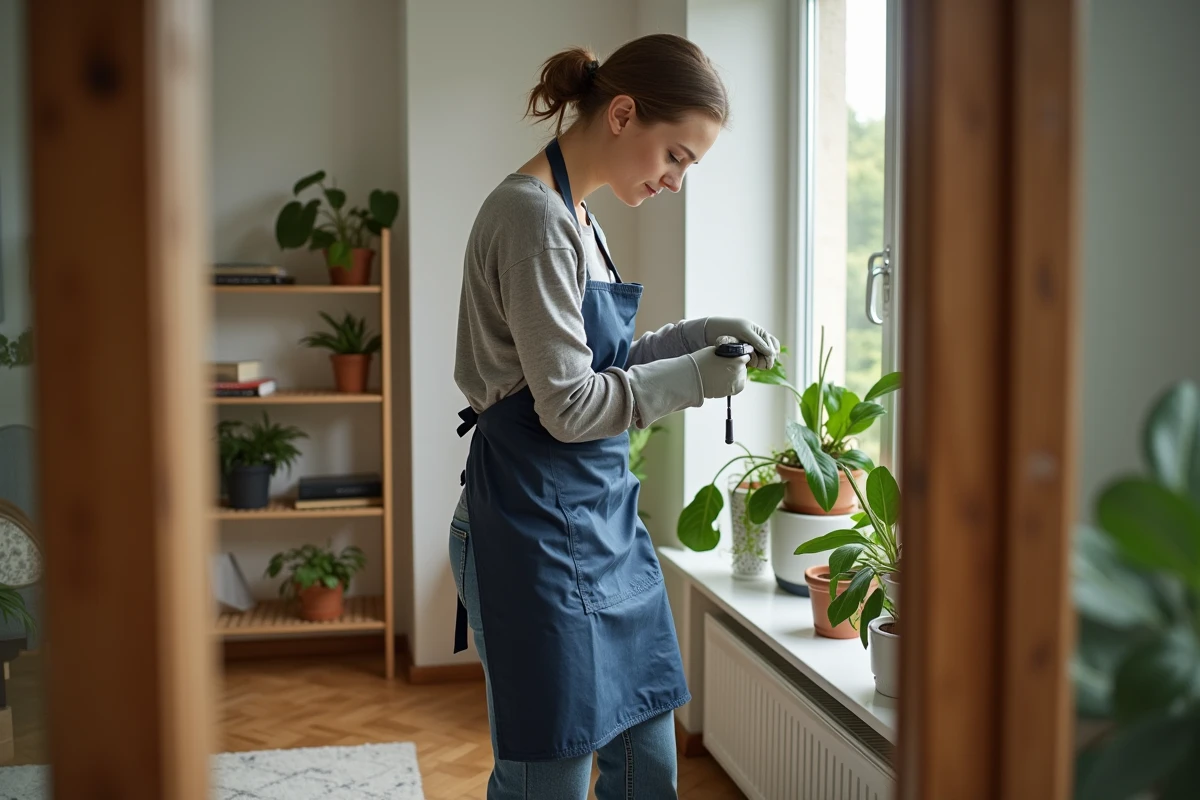 Femme appliquant un traitement sur une fenetre en bois