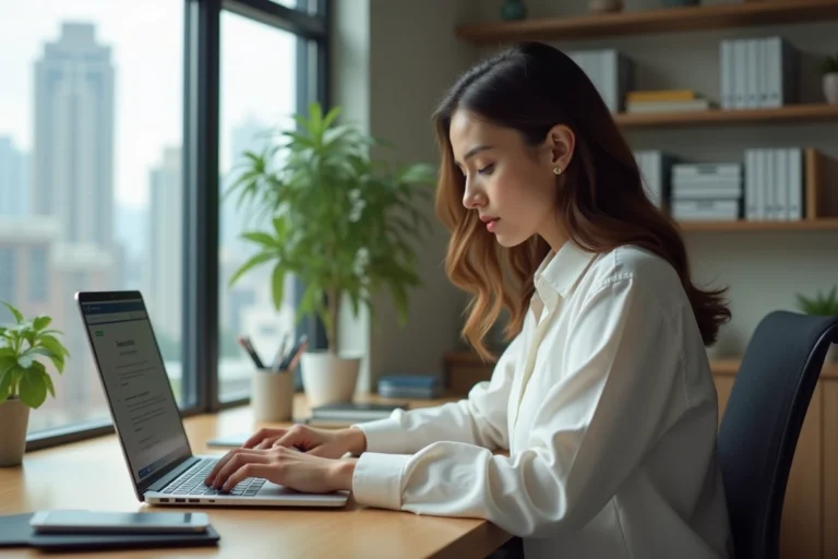 Jeune femme travaillant sur un ordinateur dans un bureau lumineux