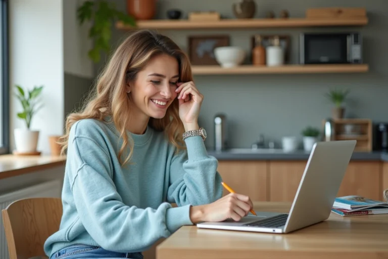 Femme souriante en intérieur préparant un voyage